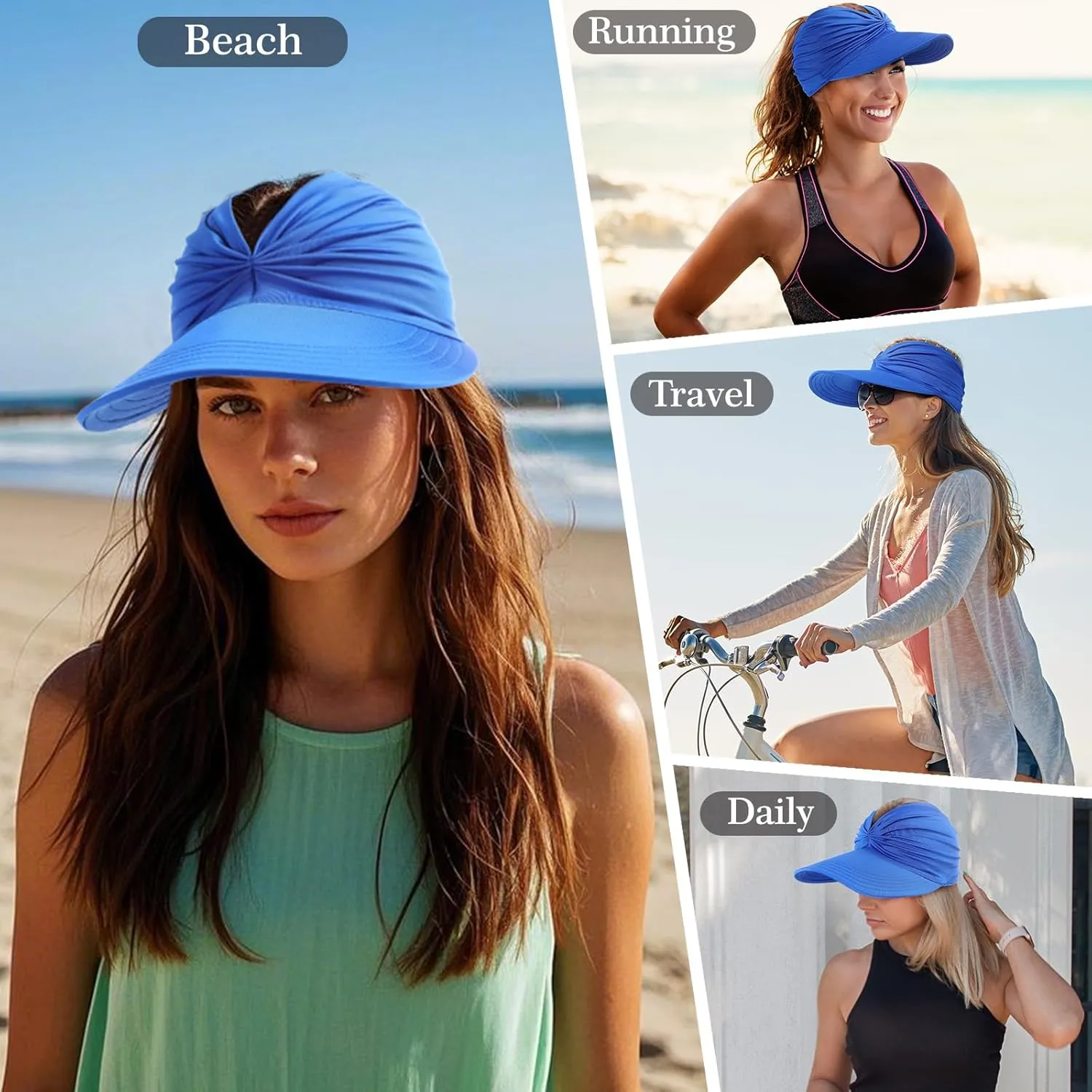 Sun Hats for Women, Wide Brim UV Protection Sun Visor Hats, UPF50  Lightweight Foldable Ponytail Sports Cap