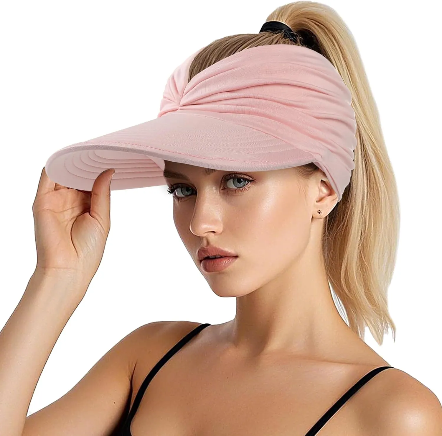 Sun Hats for Women, Wide Brim UV Protection Sun Visor Hats, UPF50  Lightweight Foldable Ponytail Sports Cap
