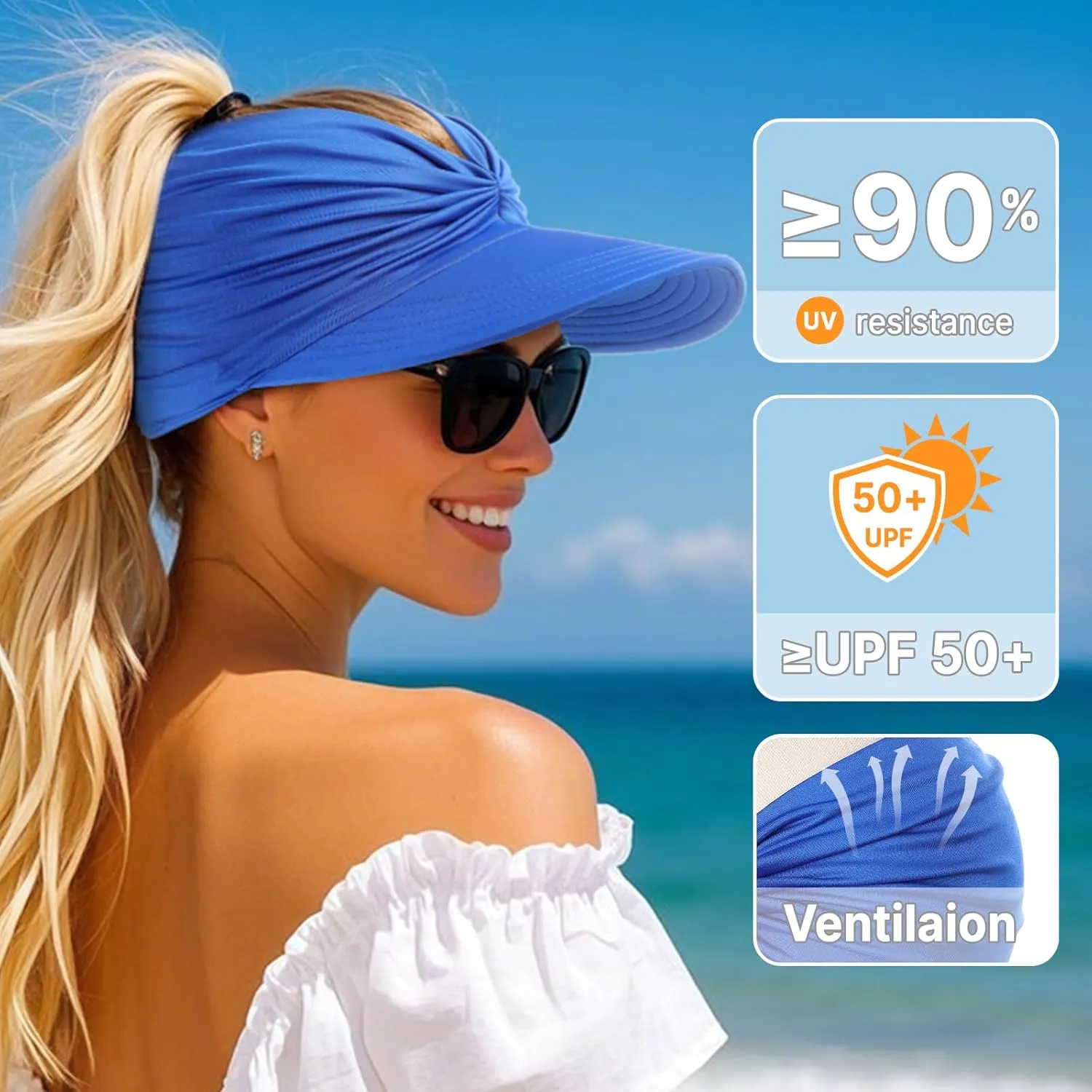 Sun Hats for Women, Wide Brim UV Protection Sun Visor Hats, UPF50  Lightweight Foldable Ponytail Sports Cap