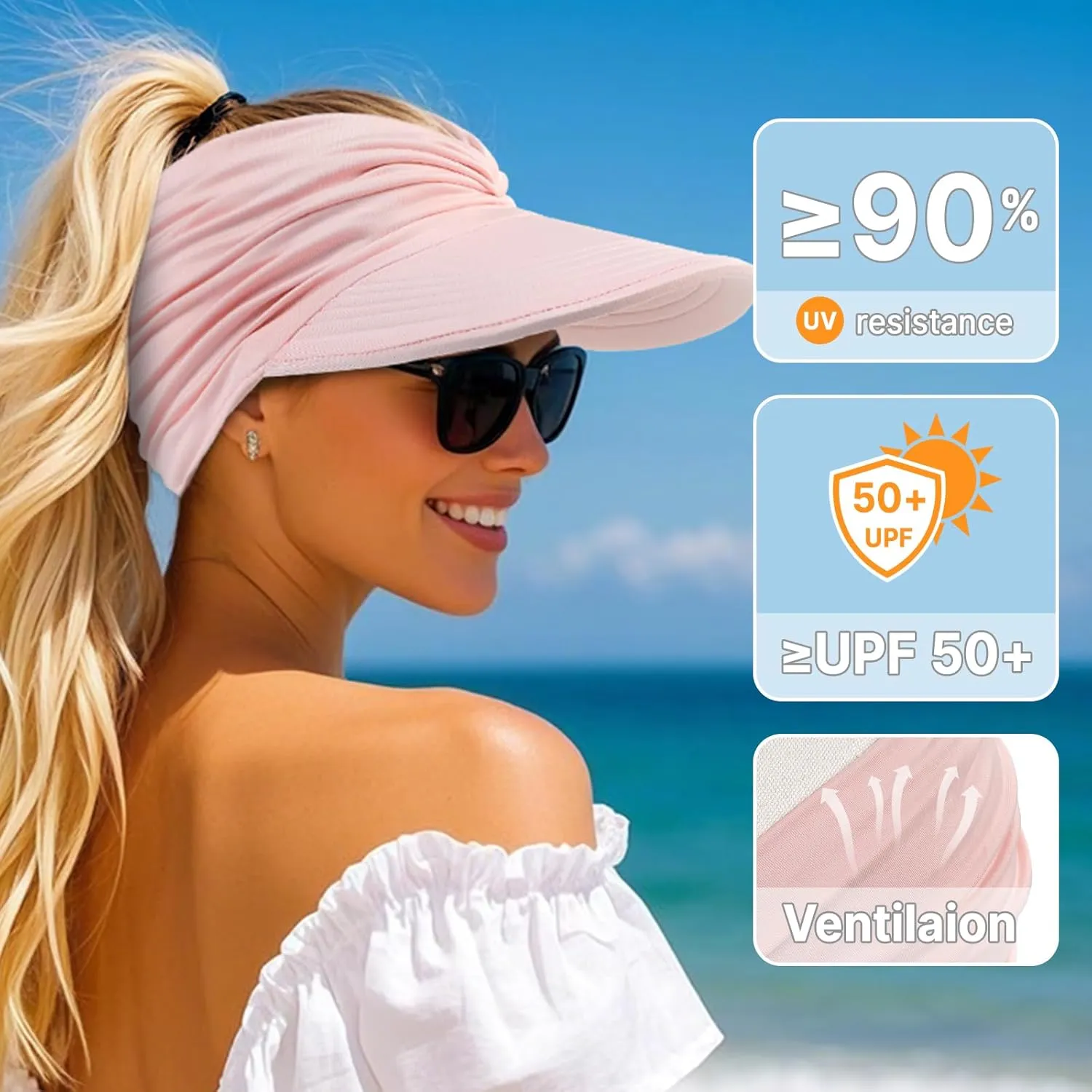 Sun Hats for Women, Wide Brim UV Protection Sun Visor Hats, UPF50  Lightweight Foldable Ponytail Sports Cap