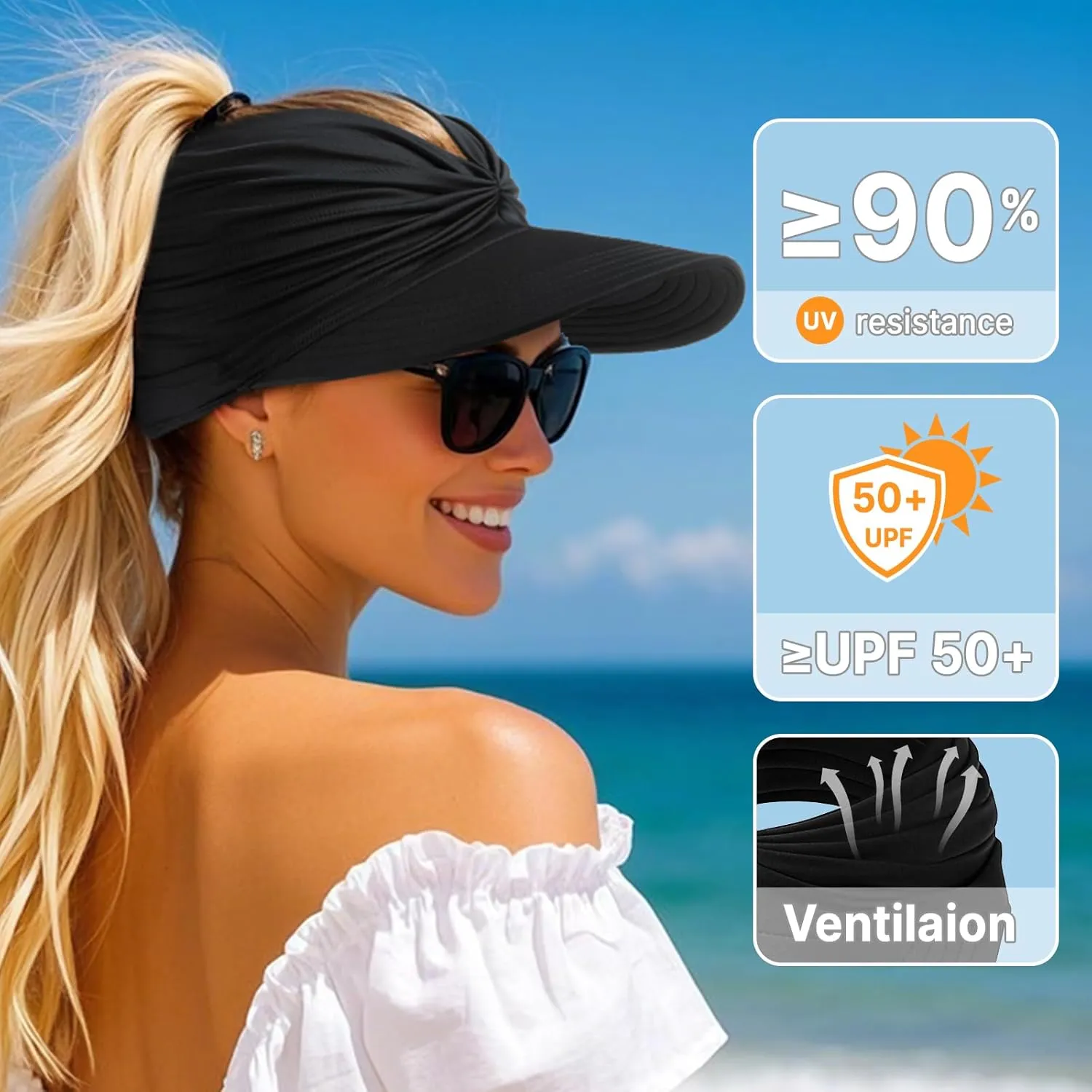 Sun Hats for Women, Wide Brim UV Protection Sun Visor Hats, UPF50  Lightweight Foldable Ponytail Sports Cap