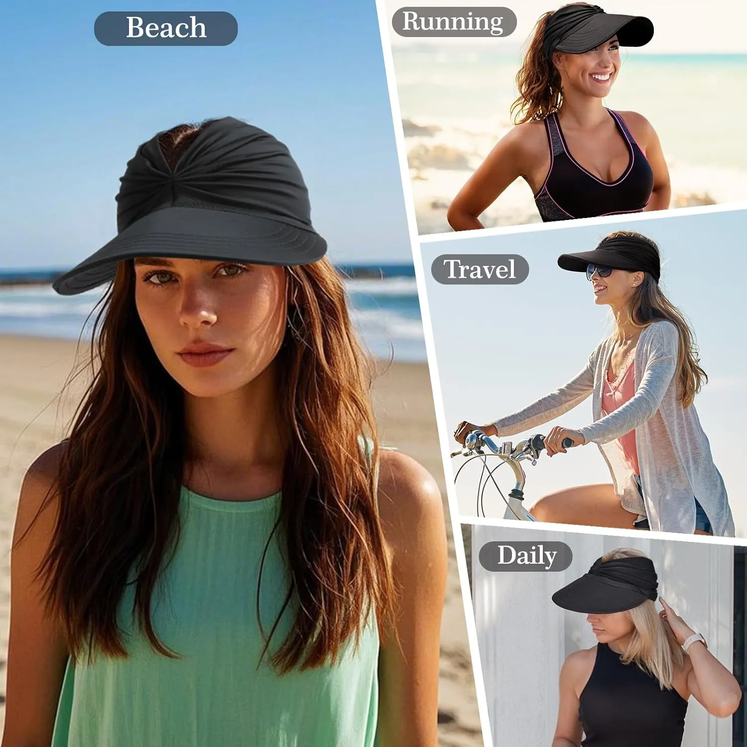 Sun Hats for Women, Wide Brim UV Protection Sun Visor Hats, UPF50  Lightweight Foldable Ponytail Sports Cap