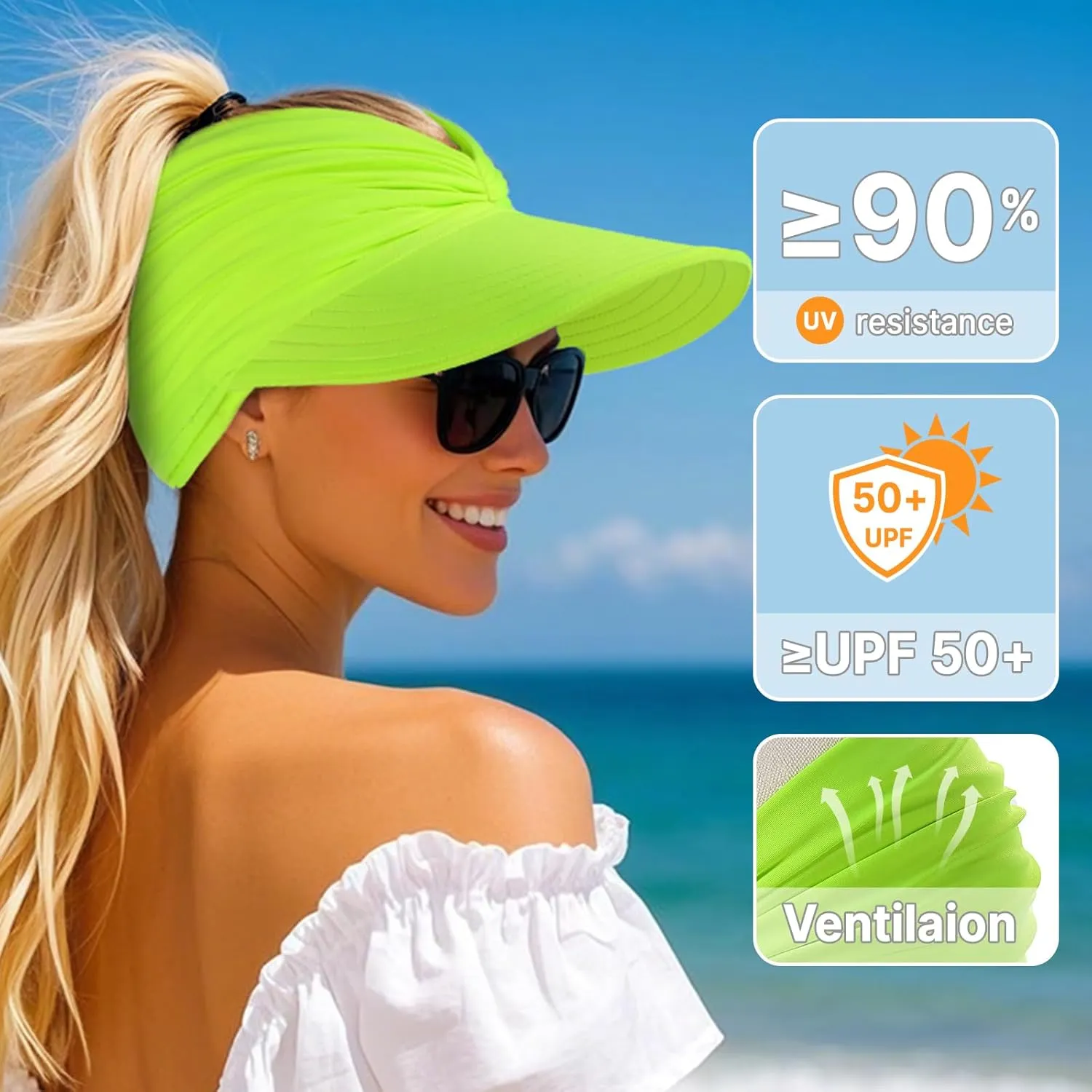 Sun Hats for Women, Wide Brim UV Protection Sun Visor Hats, UPF50  Lightweight Foldable Ponytail Sports Cap