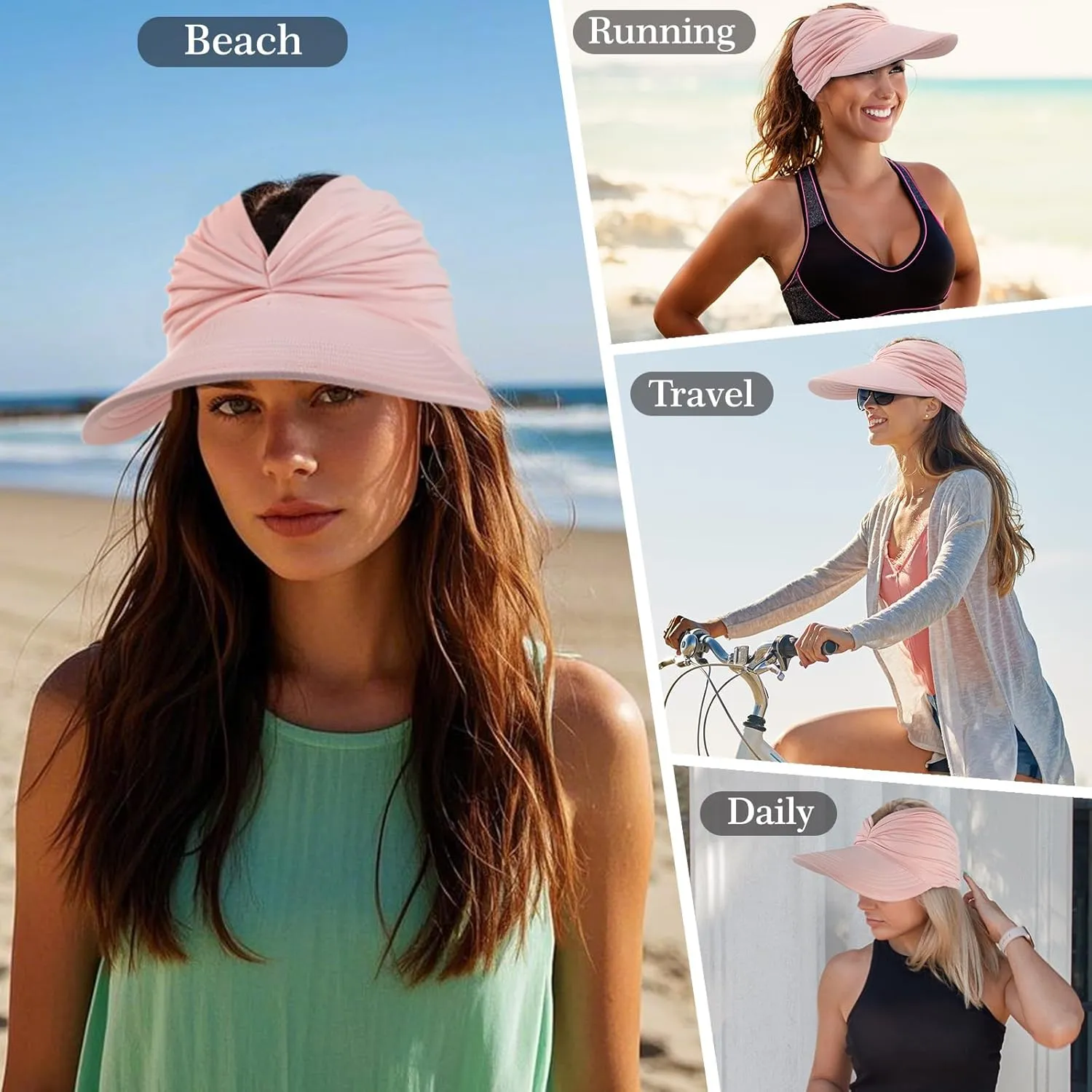 Sun Hats for Women, Wide Brim UV Protection Sun Visor Hats, UPF50  Lightweight Foldable Ponytail Sports Cap