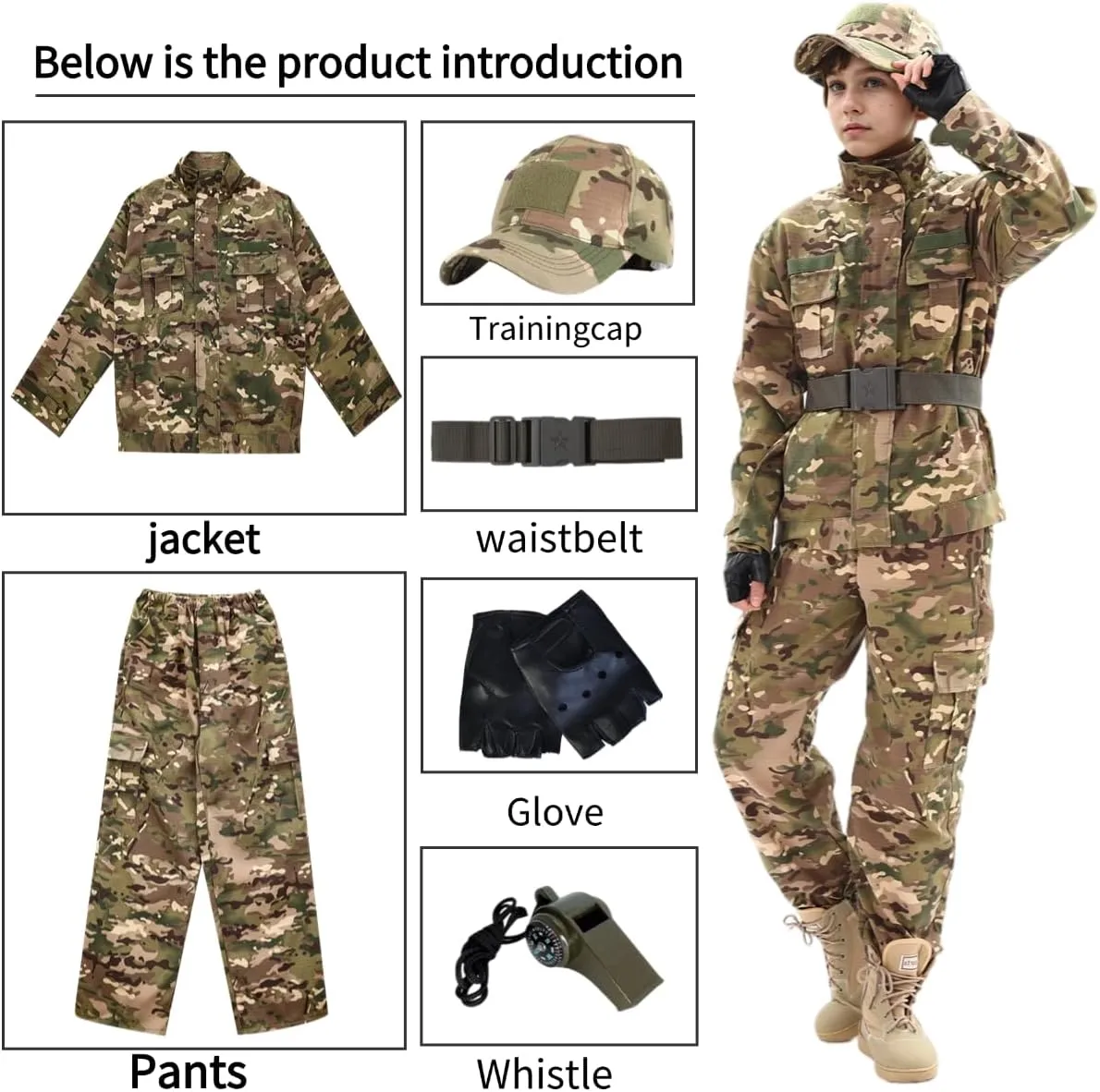 Tactical Set Children's Camo Boys Combat BDU Jacket and Pants Uniform Camo Belt CS Game Army Special Operations Unit