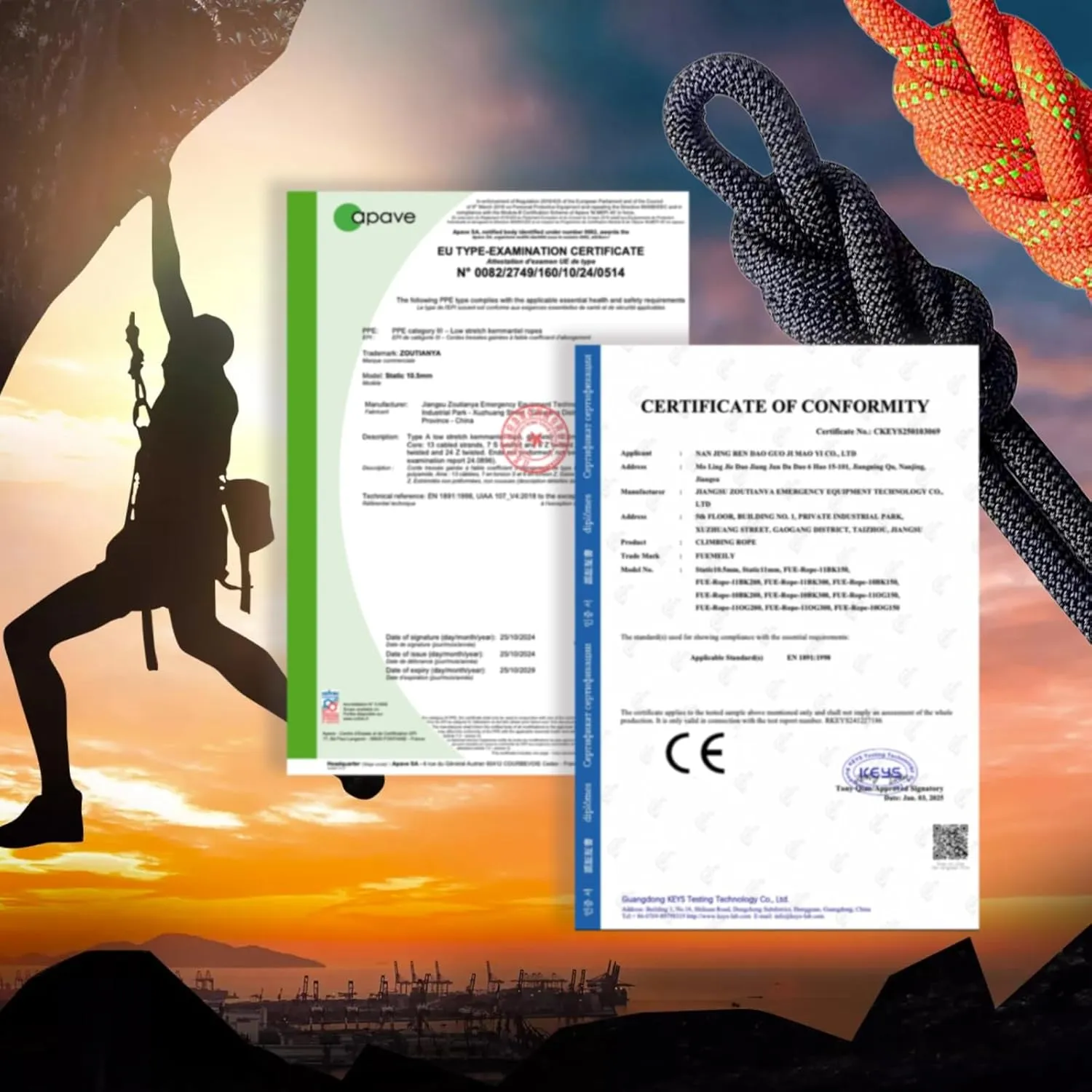 UIAA Static Climbing Rope 10.5mm, 45M(150FT) Nylon Kernmantle Rappelling Rope for Survival Rescue Cord Rock Mountaineering Climbing Hauling