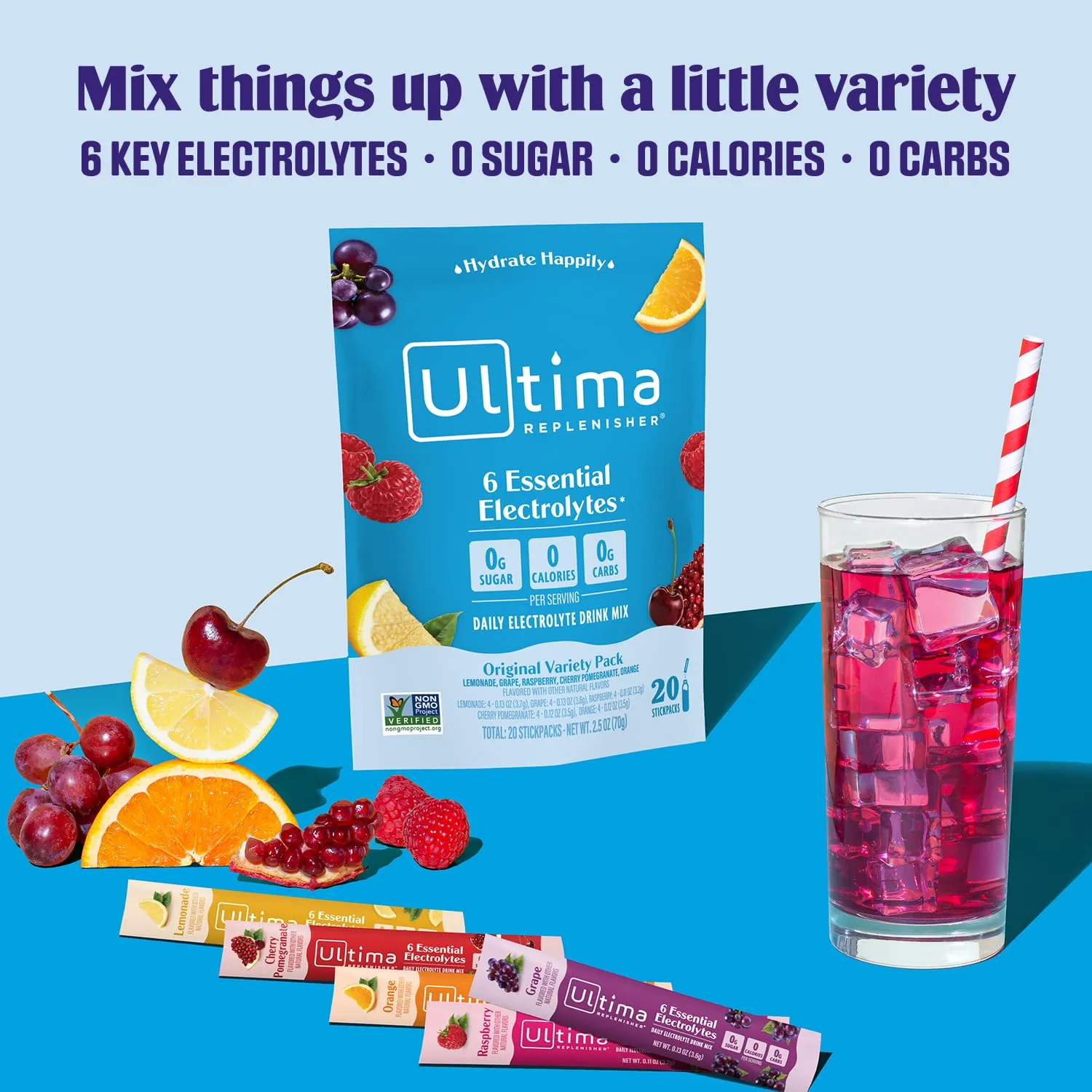 Ultima Replenisher Daily Electrolyte Powder Drink Mix  Original Variety, 20 Stickpacks  Hydration Packets with 6 Electrolytes and Minerals  Keto Friendly, Vegan, Non-GMO and Sugar-Free