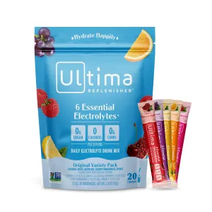 Ultima Replenisher Daily Electrolyte Powder Drink Mix  Original Variety, 20 Stickpacks  Hydration Packets with 6 Electrolytes and Minerals  Keto Friendly, Vegan, Non-GMO and Sugar-Free