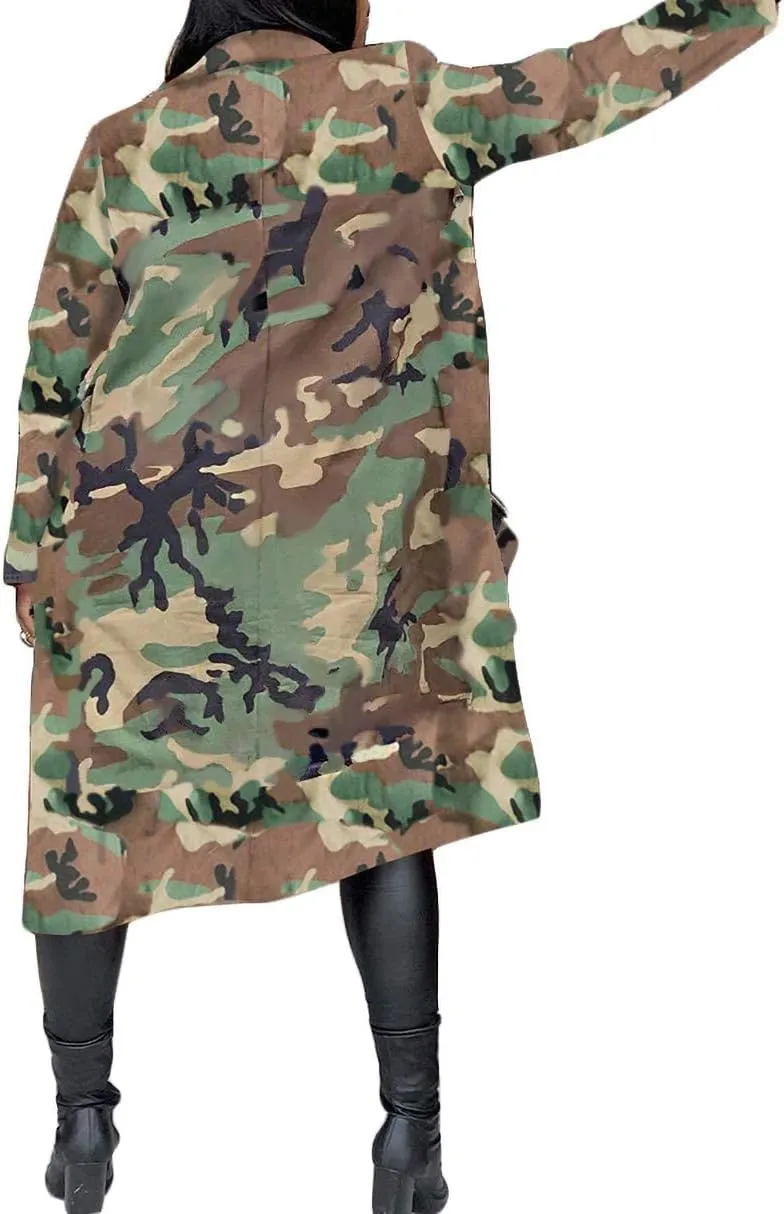 Vakkest Camo Blazer Jacket for Women Lapel Long Sleeve Open Front Cardigan Coat Classic Pockets Overcoat Outwear