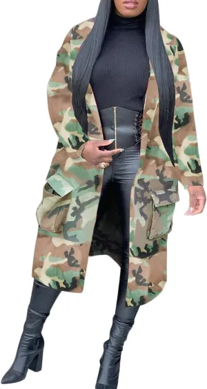 Vakkest Camo Blazer Jacket for Women Lapel Long Sleeve Open Front Cardigan Coat Classic Pockets Overcoat Outwear