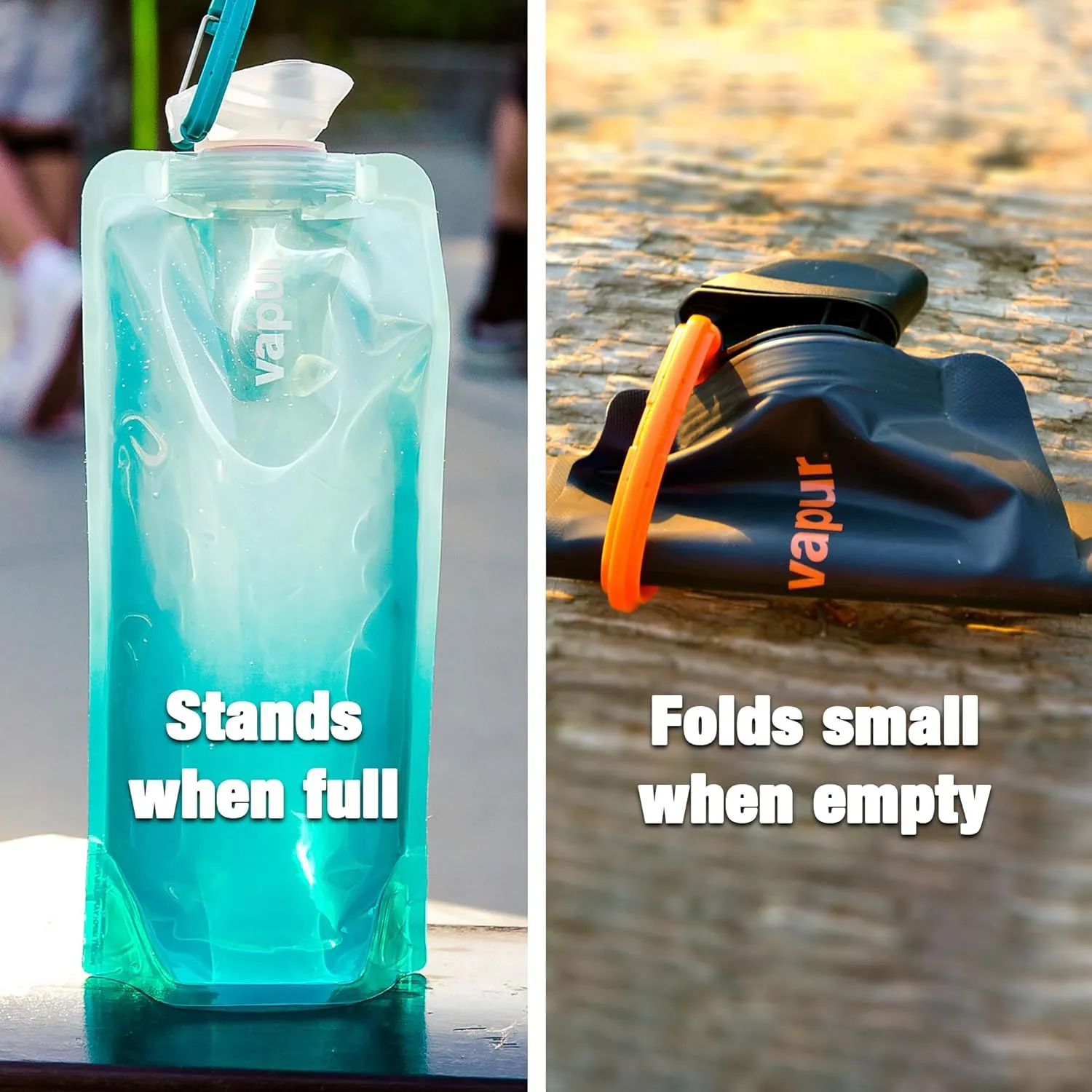 Vapur Collapsible Water Bottle With Carabiner, Compact Bottle Folds Flat For Hydration On The Go, Ideal for Traveling, Hiking or Camping, 34 Ounce, Blackout, Pack of 2