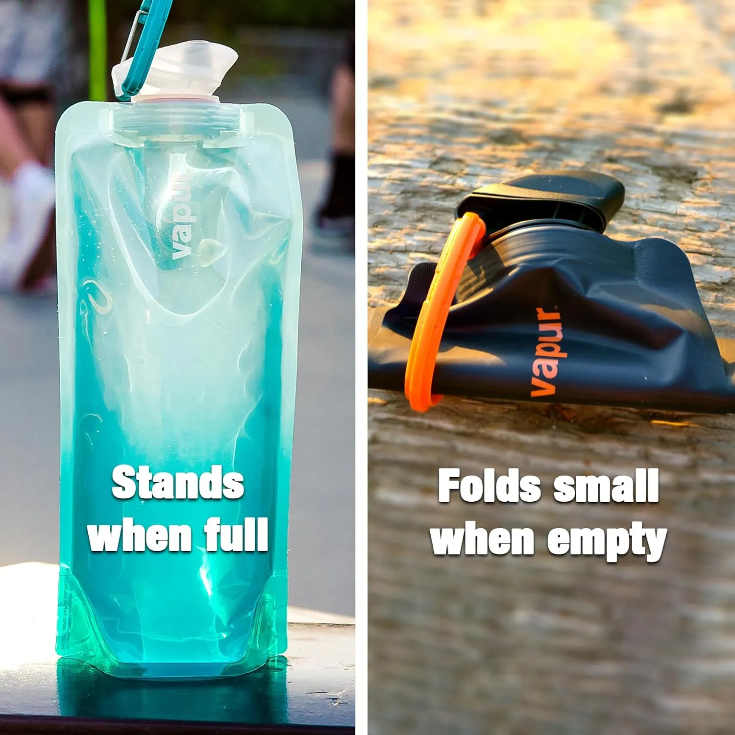 Vapur Collapsible Water Bottle With Carabiner, Compact Bottle Folds Flat For Hydration On The Go, Ideal for Traveling, Hiking or Camping, 34 Ounce, Burgundy, Pack of 2
