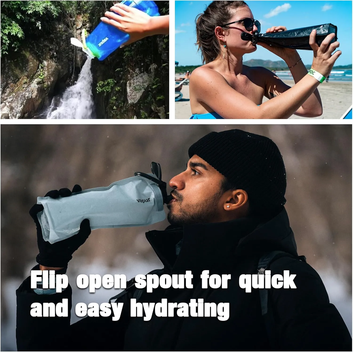 Vapur Collapsible Water Bottle With Carabiner, Compact Bottle Folds Flat For Hydration On The Go, Ideal for Traveling, Hiking or Camping, 34 Ounce, Grey & Teal, Pack of 1