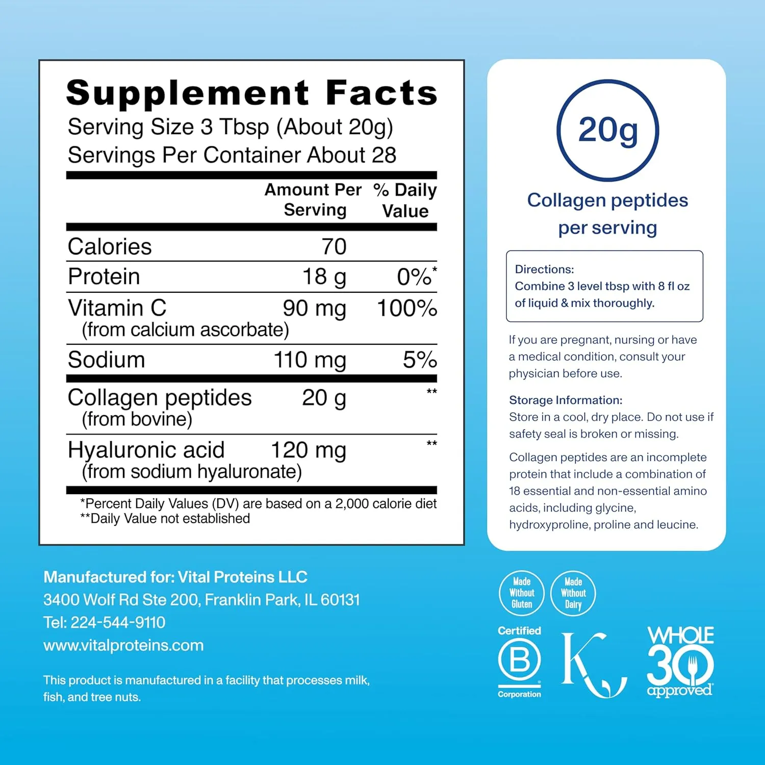 Vital Proteins Collagen Peptides Powder Advanced with Hyaluronic Acid & Vitamin C - 20oz Collagen Protein, Unflavored, 28 Servings