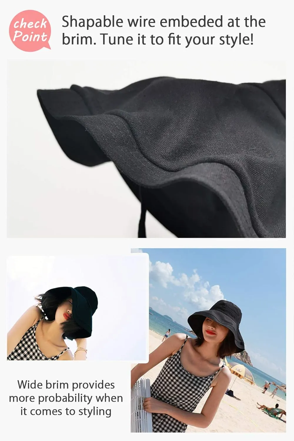 Wide Brim Bucket Hat - UPF50  Protection Travel Beach Sun Hat with Semi-Rigid Adjustable Foldable Brim