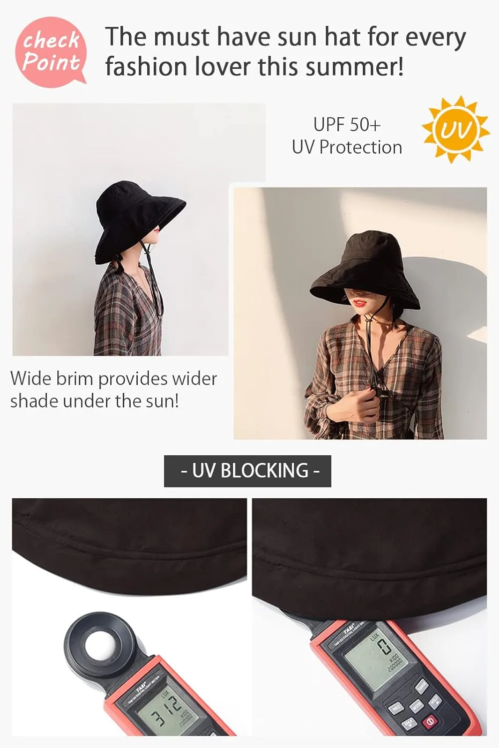 Wide Brim Bucket Hat - UPF50  Protection Travel Beach Sun Hat with Semi-Rigid Adjustable Foldable Brim