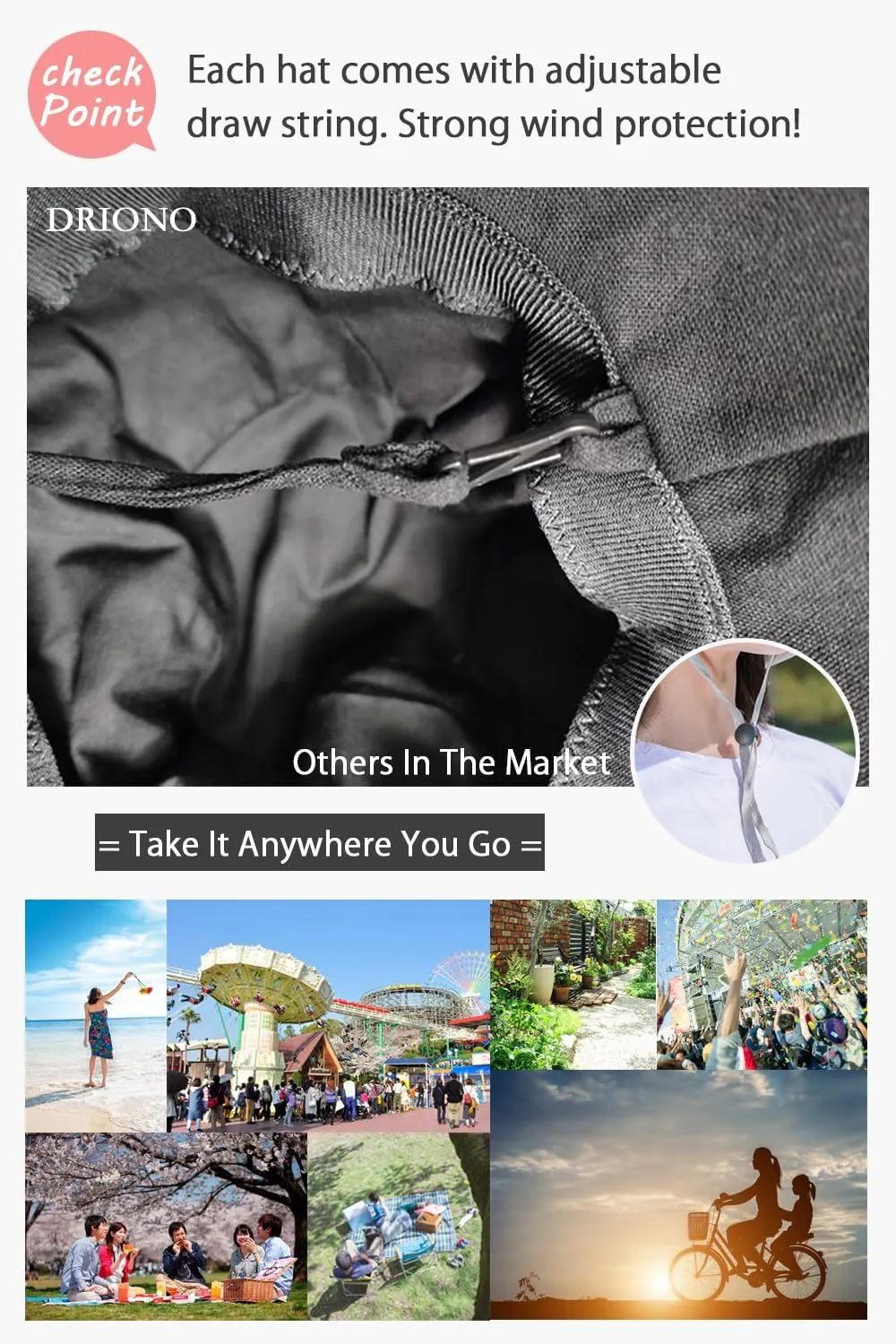 Wide Brim Bucket Hat - UPF50  Protection Travel Beach Sun Hat with Semi-Rigid Adjustable Foldable Brim