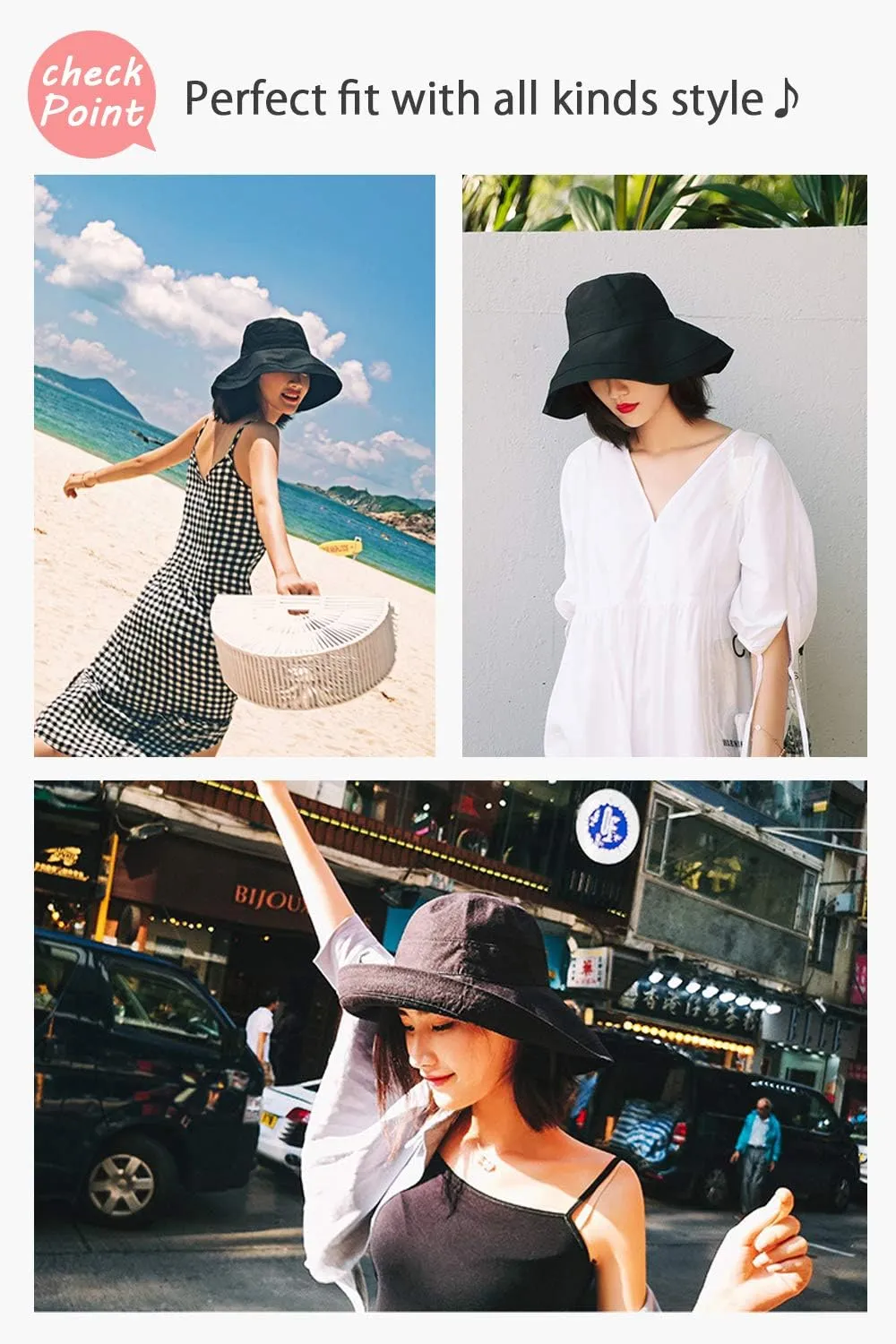 Wide Brim Bucket Hat - UPF50  Protection Travel Beach Sun Hat with Semi-Rigid Adjustable Foldable Brim