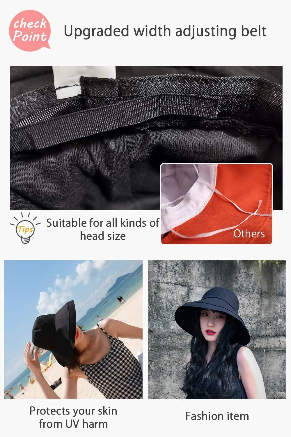 Wide Brim Bucket Hat - UPF50  Protection Travel Beach Sun Hat with Semi-Rigid Adjustable Foldable Brim
