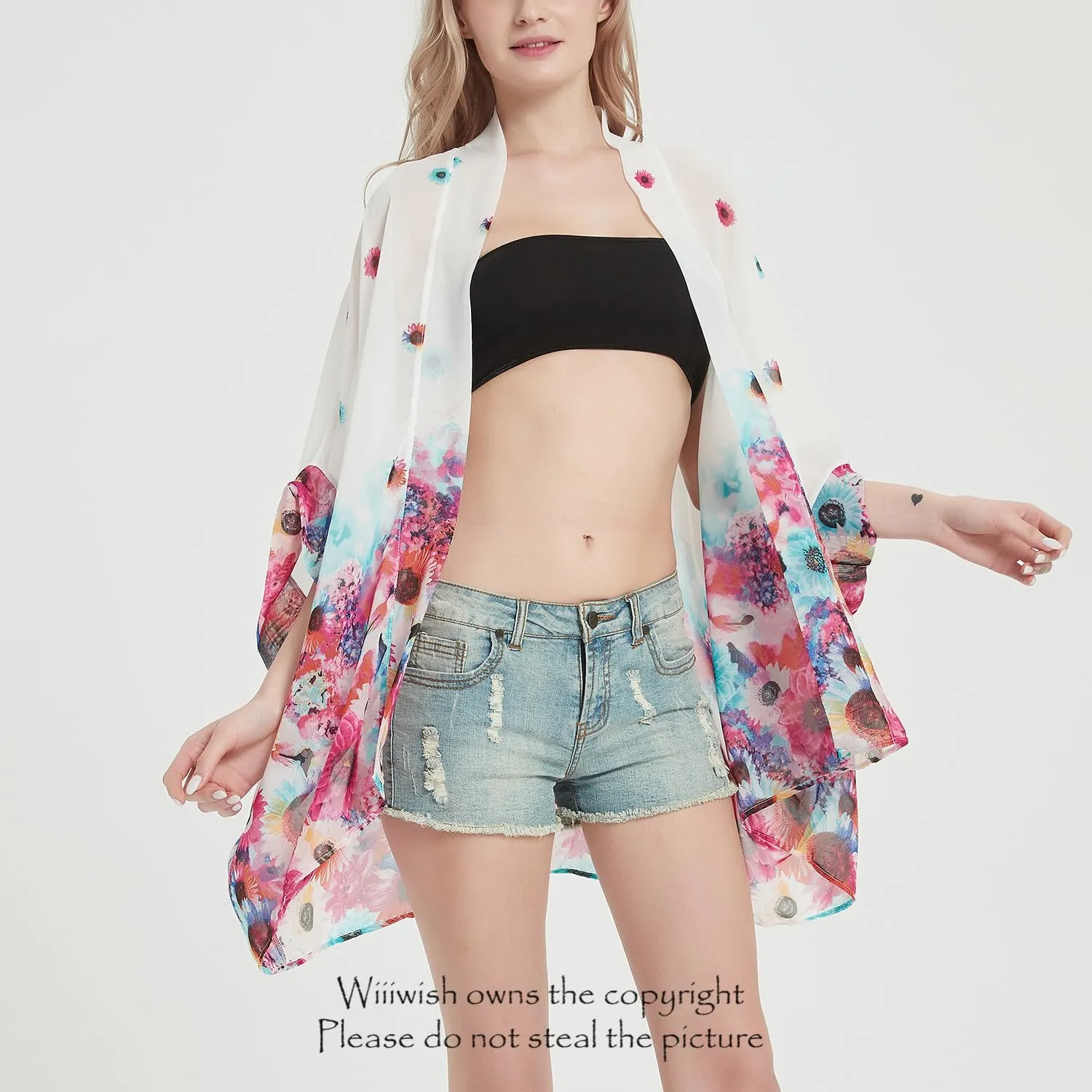 Women's Kimono Cardigans Camouflage Sheer Chiffon Blouse Boho Wrap Casual Coverup Loose Tops
