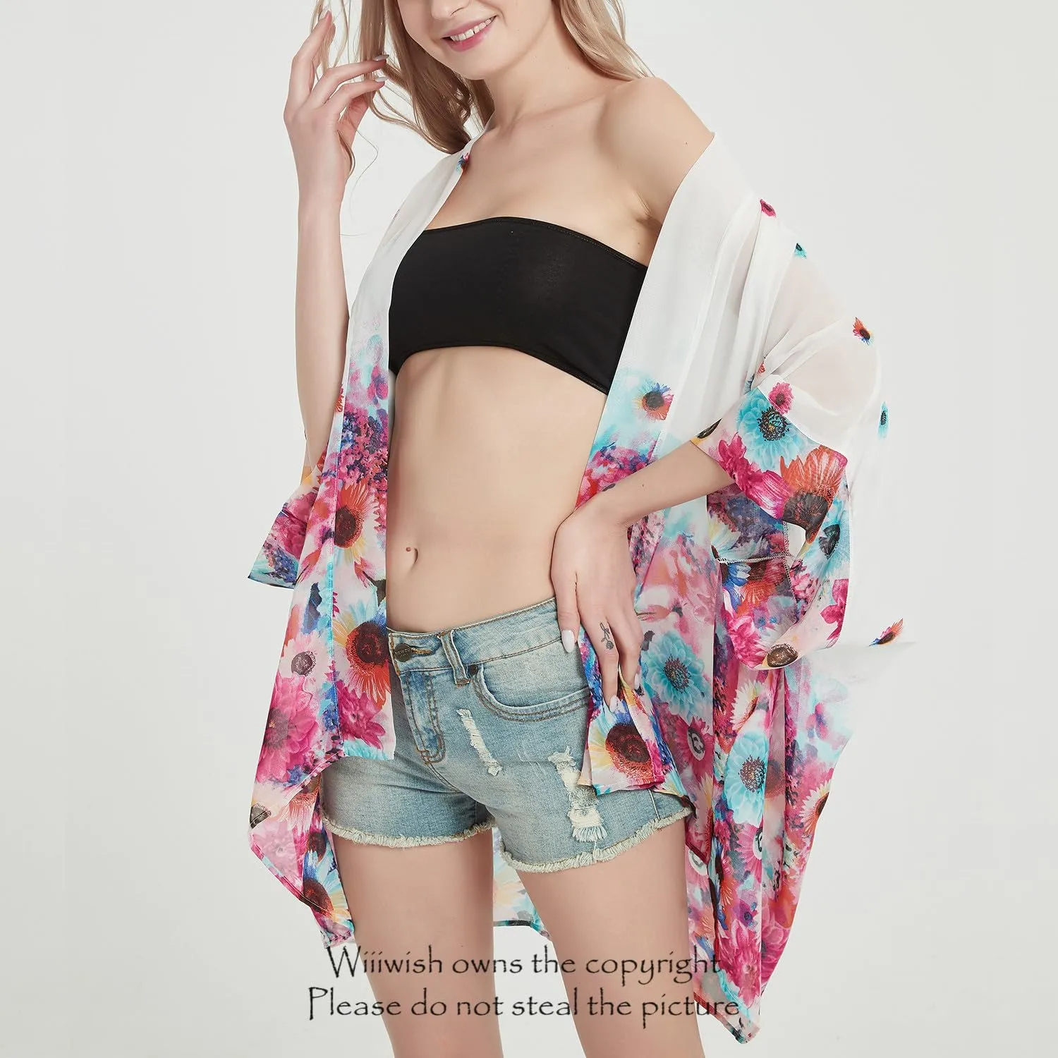 Women's Kimono Cardigans Camouflage Sheer Chiffon Blouse Boho Wrap Casual Coverup Loose Tops