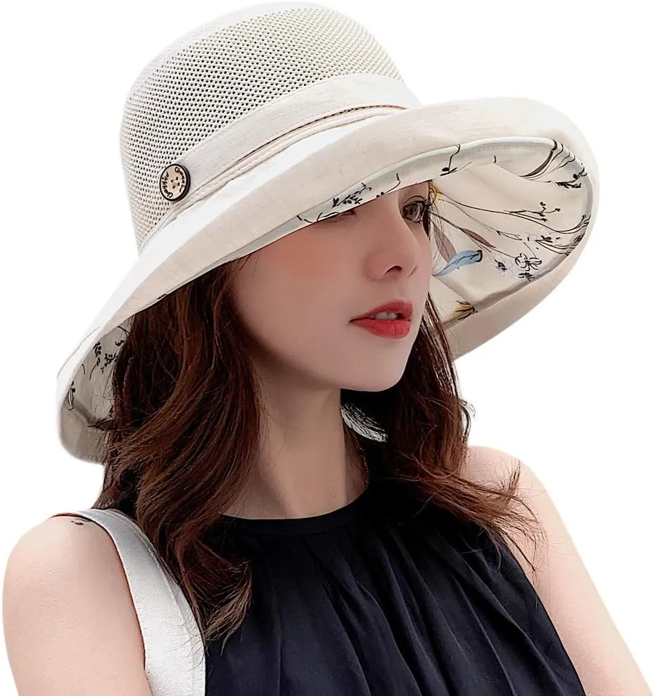 Women's-Mesh-Sun-Hats Wide-Brim Summer Beach Bucket Caps for Girls Outdoor-UV-Protection Foldable-Fishing-Hat Chin Strap