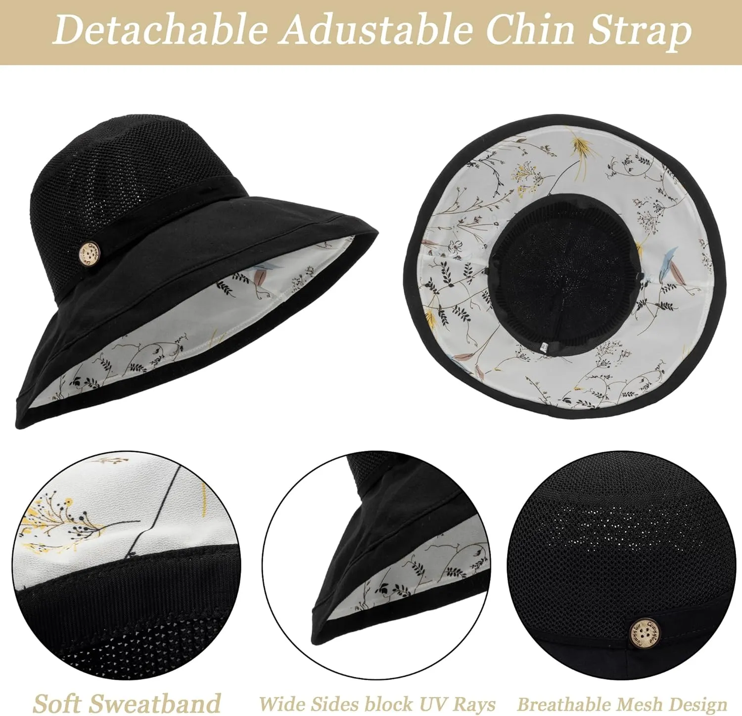 Women's-Mesh-Sun-Hats Wide-Brim Summer Beach Bucket Caps for Girls Outdoor-UV-Protection Foldable-Fishing-Hat Chin Strap