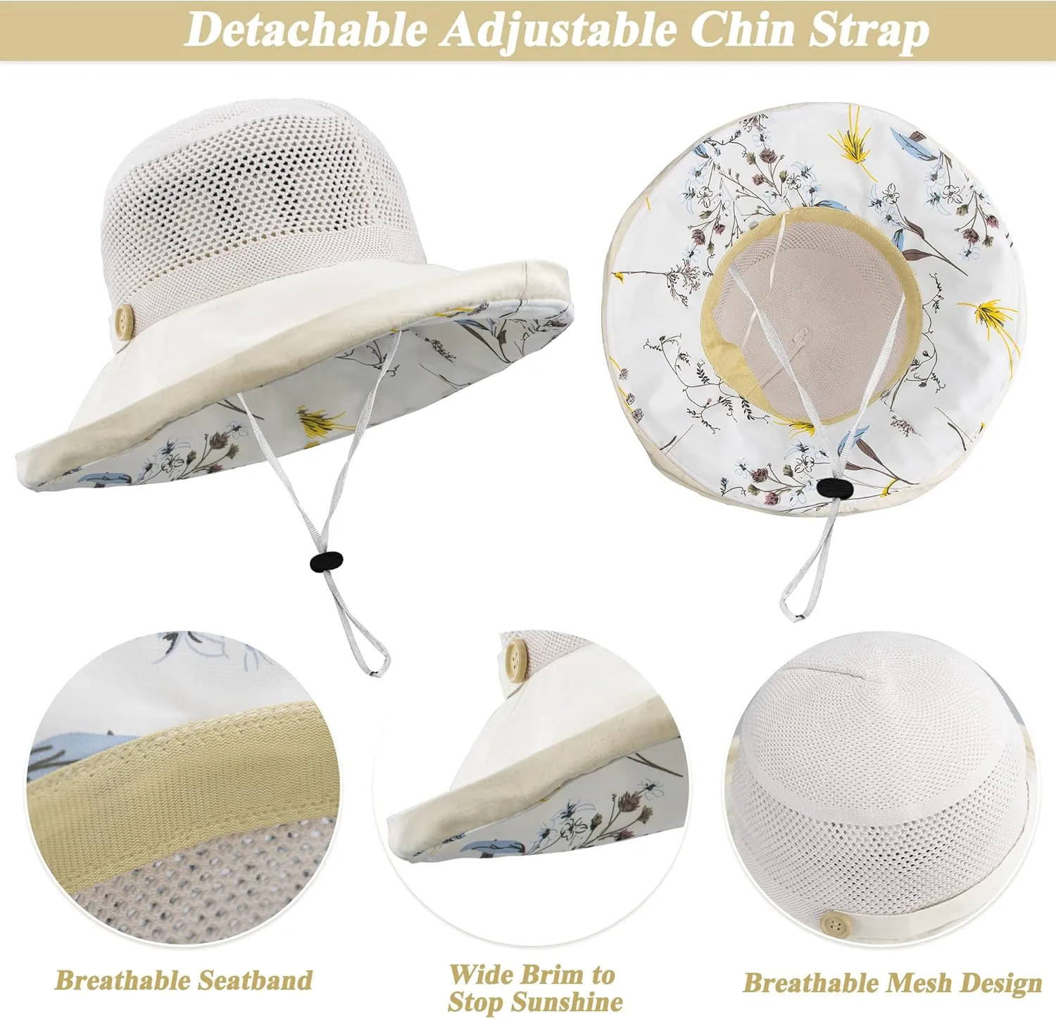 Women's-Mesh-Sun-Hats Wide-Brim Summer Beach Bucket Caps for Girls Outdoor-UV-Protection Foldable-Fishing-Hat Chin Strap