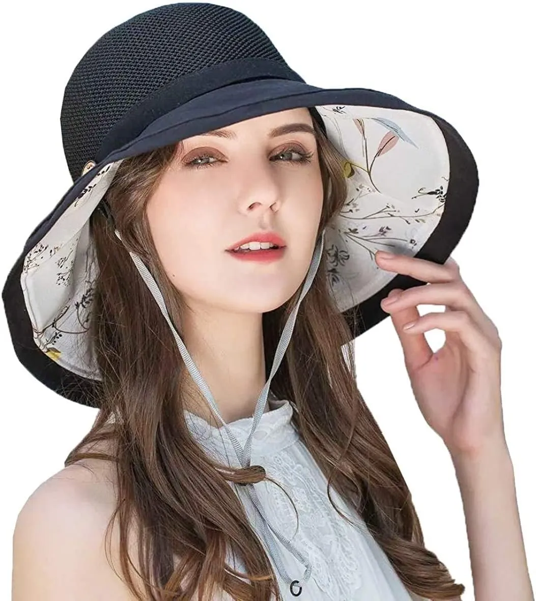 Women's-Mesh-Sun-Hats Wide-Brim Summer Beach Bucket Caps for Girls Outdoor-UV-Protection Foldable-Fishing-Hat Chin Strap