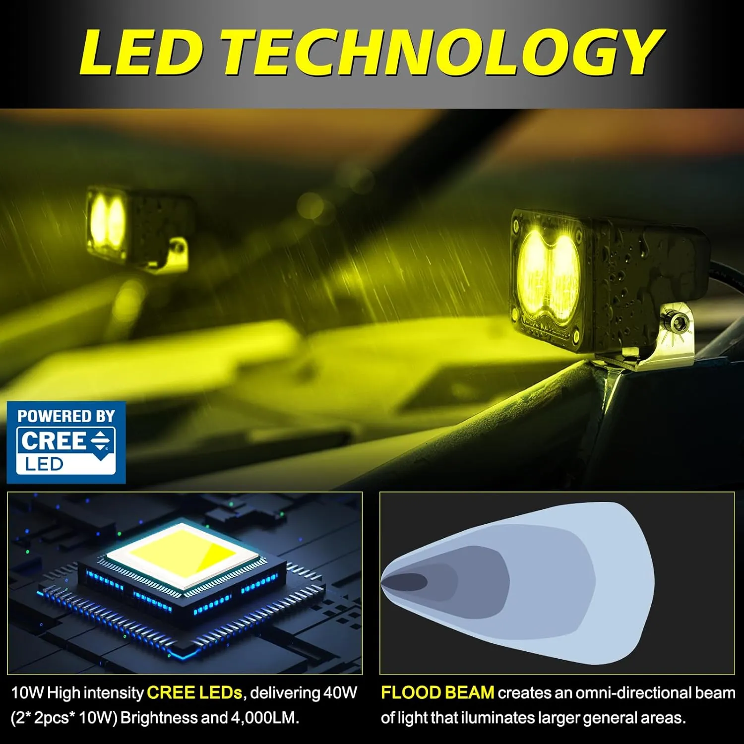 Yellow LED Pods, 3 Inch Flood CREE LED Fog Lights 40W Yellow Small Chase Pod Lights Ditch Lights Off Road Driving Lights 2 Packs for Dirt Bike Motorcycle Truck UTV ATV SUV Surron