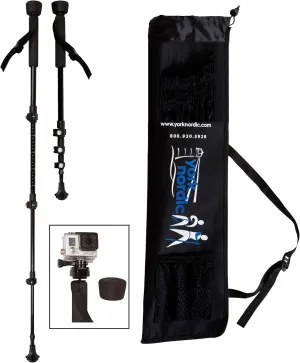 York Nordic PRO Collapsible 4 Piece Trekking/Walking Poles - Pair of monopod Poles w/3 flip Locks, Detachable Rubber feet, and GoPro Camera Mount Black
